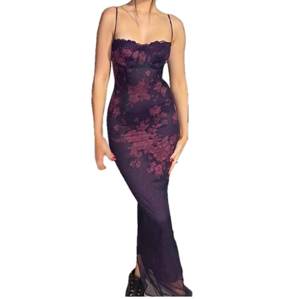 Y2K Floral Mesh Maxi Slip Dress Purple Sheer Lace Bodycon Whimsigoth Party Large